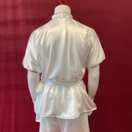 Wushu kung fu uniform white satin silver dragon embroidery