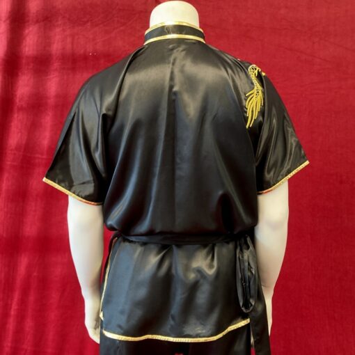 Wushu uniform black satin gold dragon embroidery