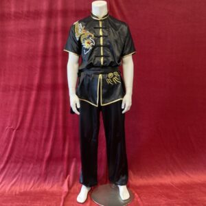 Wushu uniform black satin gold dragon embroidery