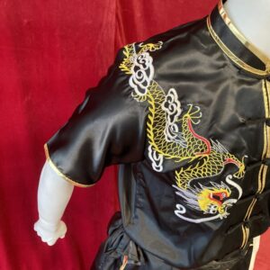 Wushu uniform black satin gold dragon embroidery